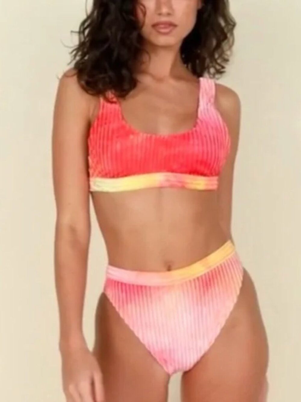 Dippin Daisys Pink Orange High-Rise Velvet Tie Dye Sunrise 2 Piece Bikini Small - Picture 15 of 15